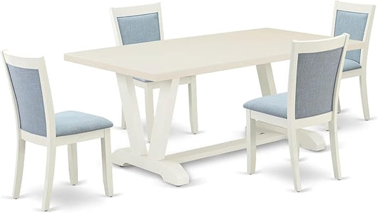 East West Furniture V027MZ015-5 5 Piece Kitchen Table & Chairs Set Includes a Rectangle Dining Table with V-Legs and 4 Baby Blue Linen Fabric Parson Chairs, 40x72 Inch, Multi-Color