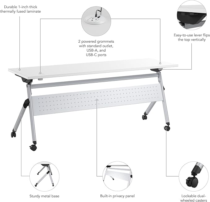 Bush Business Furniture Folding Training Table, 72 inch Desk with Powered Grommets, Commercial-Grade Bundle for Office or Classroom, Envision Collection, White