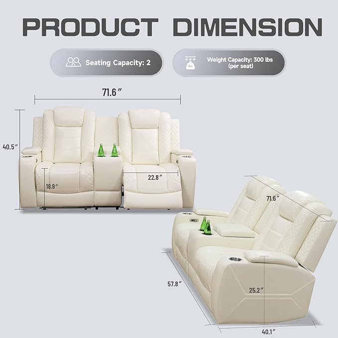 PU Leather Power Wall Hugger Chair Double Reclining Sectional Sofa 2-Seater Loveseat Couch with Center Storage Console & Armrests, USB Port, 4 Cup Holders and LED for Living Room RV Theater Seating
