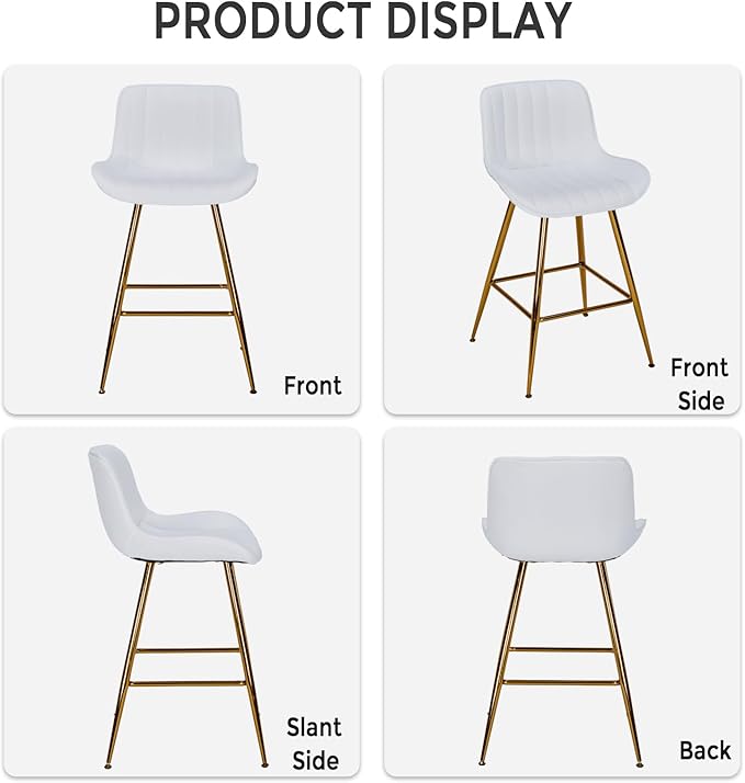Sidanli Gold Barstools Set of 2, White Bar Stools with Gold Legs, Velvet Stools for Kitchen Island, 24inch Luxury Barstools with Adjustable Footrests