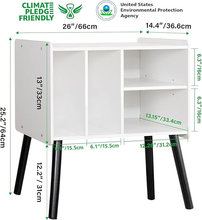 Record Player Table, Mid-Century Record Player Stand with Vinyl Storage Hold Up to 150+ Albums, Vinyl Record Cabinet with Adjustable Shelves, Wood Turntable Stand for Music Living Room (White)