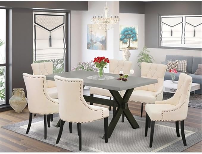 East West Furniture X696FR102-7 7 Piece Modern Dining Table Set Consist of a Rectangle Wooden Table with X-Legs and 6 Light Beige Linen Fabric Upholstered Chairs, 36x60 Inch, Multi-Color
