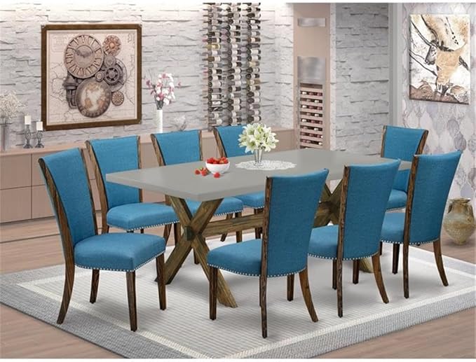 East West Furniture X797VE721-9 9 Piece Dining Table Set Includes a Rectangle Kitchen Table with X-Legs and 8 Blue Color Linen Fabric Parson Dining Room Chairs, 40x72 Inch, Multi-Color