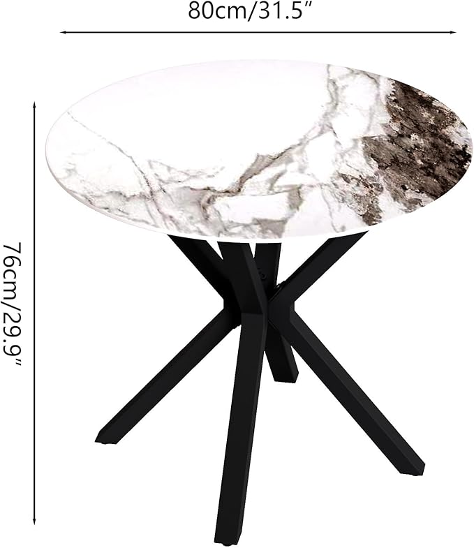 Marble Round Dining Table with Black Metal Legs, 32 in Modern Sintered Stone White Kitchen Table Circle Table for Dining Room Kitchen