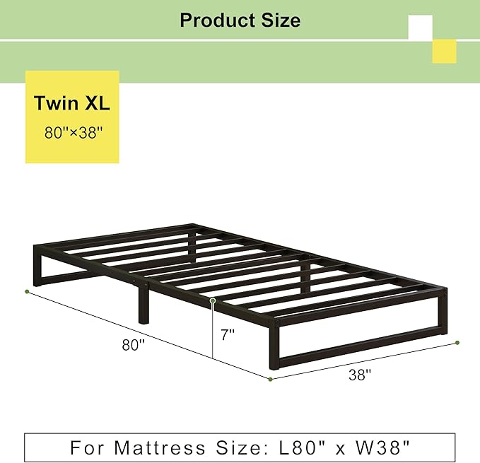 EMODA 7 Inch Twin XL Bed Frames No Box Spring Needed, Heavy Duty XL Twin Metal Platform Bed Frame, Noise Free, Easy Assembly, Black