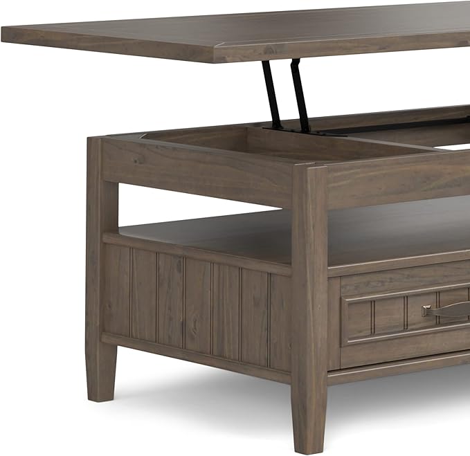 SIMPLIHOME Lev Lift Top Coffee Table - 48 inch Wide Solid Wood Rectangle Living Room Table in Smoky Brown, Transitional Cocktail Table for Family Room with Hidden Storage and Open Shelf