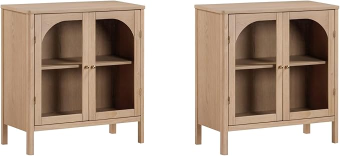 Nathan James Mason Modern Farmhouse TV Stand, Free Standing Accent Sideboard Buffet, Cabinet with Glass Doors and Adjustable Shelf, Clear Glass/Raw Oak Set of 2