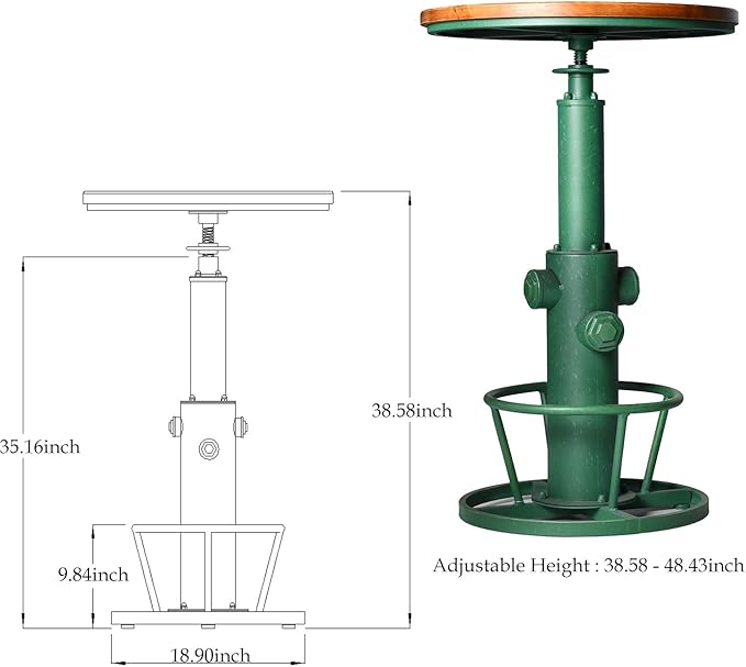 Topower Industrial Bar Table 38.58-48.43" Adjustable Pub Table Kitchen Dining Coffee Bistro Table Antique Green