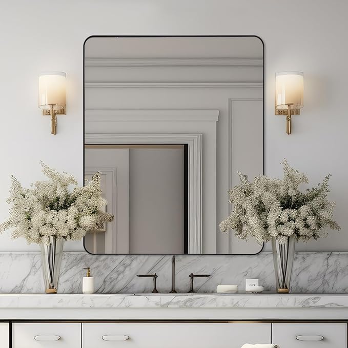Black Mirrors for Bathroom, 30"x36" Rounded Corner Rectangle Mirror, Modern Metal Frame Bathroom Vanity Mirror for Home Decor Living Room Entryway (Horizontal/Vertical)
