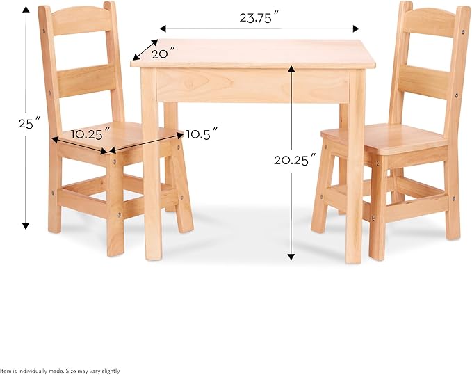 Melissa & Doug Solid Wood Table and 2 Chairs Set - Light Finish Furniture for Playroom