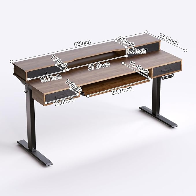Standing Desk, 63" Adjustable Desk, Multifunctional Electric Standing Desk with 4 Drawers, Ergonomic Height Adjustable Desk with Keyboard Tray, Rustic Brown