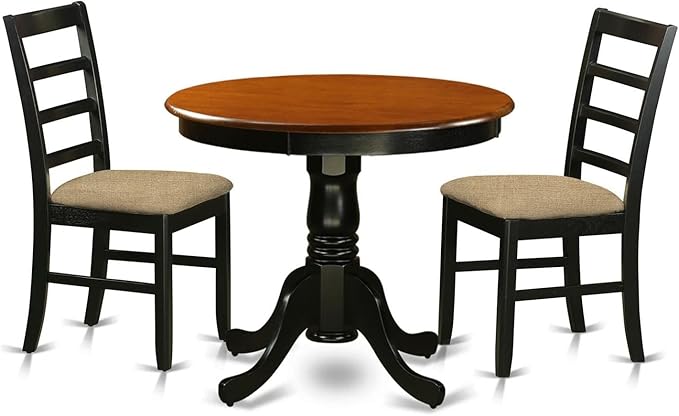 East West Furniture ANPF3-BLK-C 3 Piece Kitchen Table & Chairs Set Contains a Round Dining Room Table with Pedestal and 2 Linen Fabric Upholstered Chairs, 36x36 Inch, Black & Cherry