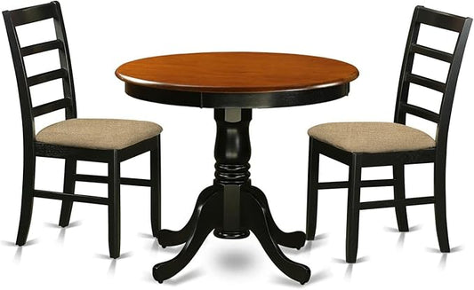 East West Furniture ANPF3-BLK-C 3 Piece Kitchen Table & Chairs Set Contains a Round Dining Room Table with Pedestal and 2 Linen Fabric Upholstered Chairs, 36x36 Inch, Black & Cherry