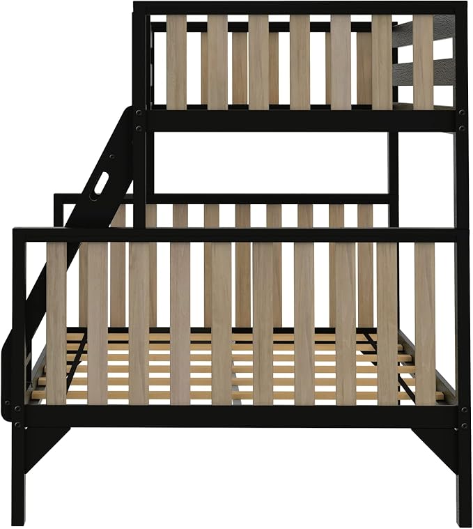 Max & Lily Bunk Bed, Scandinavian Modern Bunk Bed, Solid Wood Twin Over Full Bed Frame for Kids, No Box Spring Needed, Black/Blonde
