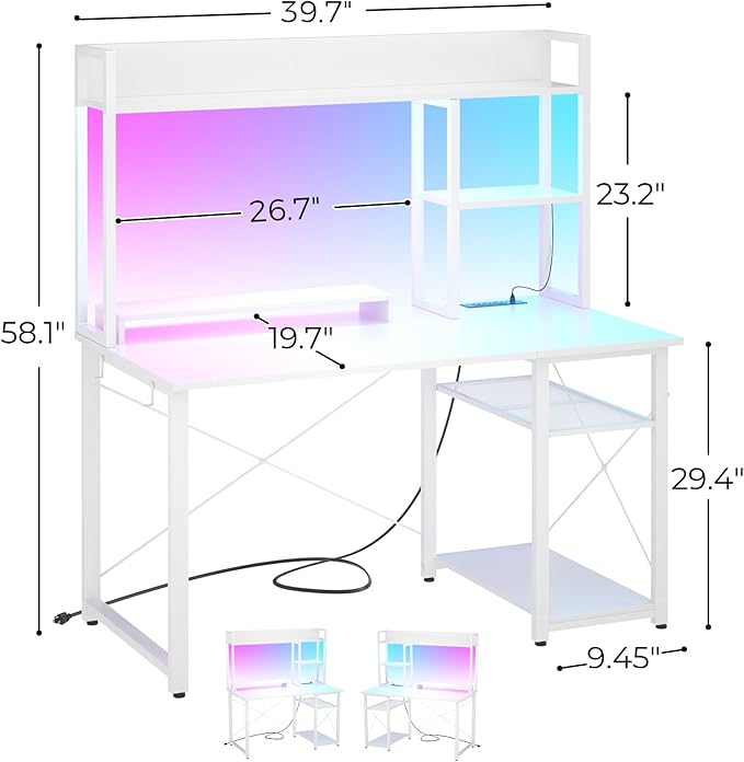 Cyclysio Gaming Desk with Hutch, 39'' Computer Desk with LED Lights & Power Outlets, Home Office Desk with Reversible 5 Tiers Storage Shelves & Monitor Stand, Small Gaming Table for Small Space, White