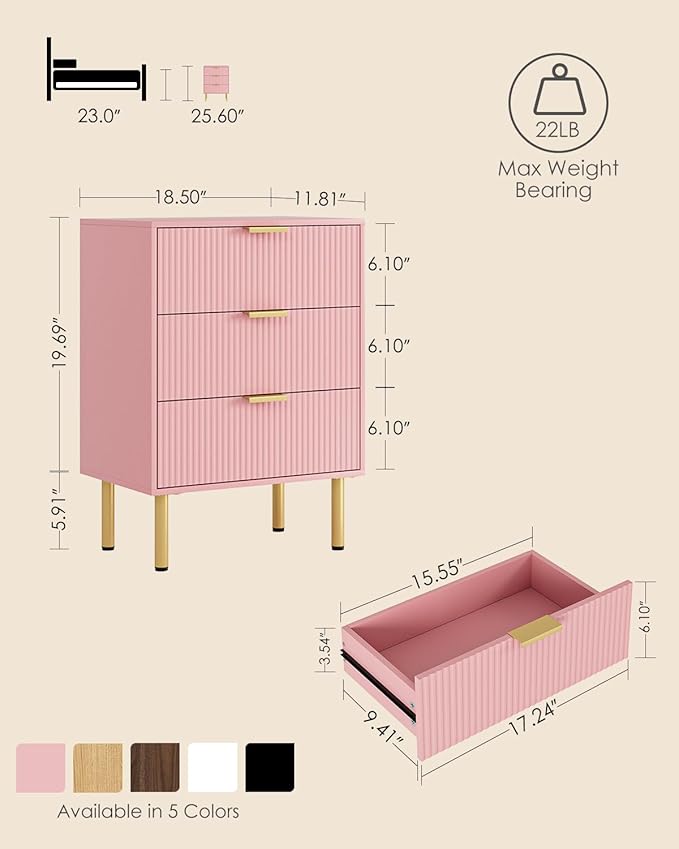 Night Stand,Tall Bedside Table with 3Storage Drawers,Pink nightstand,Bedside Furniture,Side Table with Gold Frame,Drawer Dresser for Bedroom,Living Room (Modern-3drawers, Pink)