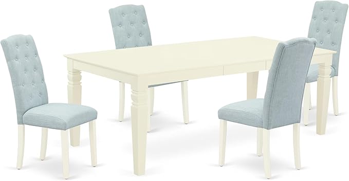 East West Furniture LGCE5-LWH-15 5 Piece Kitchen Table Set for 4 Includes a Rectangle Butterfly Leaf Dining Table and 4 Baby Blue Linen Fabric Upholstered Chairs, 42x84 Inch, Linen White