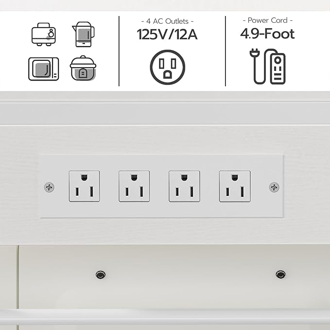 HOOBRO Bakers Rack with Power Outlet, 35.4 Inches Coffee Bar with Mesh Basket, Microwave Stand with 4 S-Shaped Hooks, Kitchen Bakers Rack with Storage, Easy to Assemble, White WT05HB01