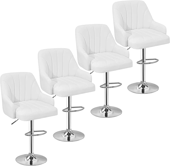 VECELO Bar Stools Set of 4, Adjustable Barstools, Counter Height Stools with Back and Arm, Kitchen Island Stools, Swivel PU Chairs for Pub, Dining Room, Modern Style, White