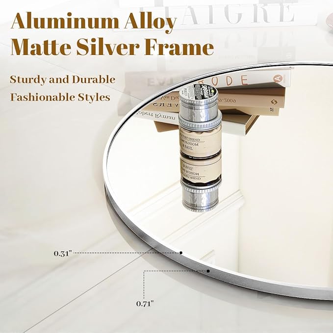 Silver Round Bathroom Mirror, 48 inch Large Circle Wall Mounted Hanging Mirror with Simple Modern Circular Metal Frame for Hallway, Entryway, Living Room, Silver Frame