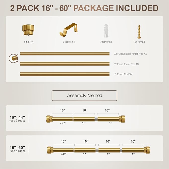 2 Pack Modern Gold Curtain Rods for Windows 28 to 48 Inches Adjustable Length Heavy Duty 1" Diameter Brass Window Curtain Rod with Solid Metal Finials for Outdoor Farmhouse Bedroom Kitchen Living Room