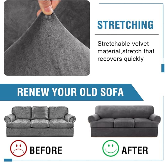 H.VERSAILTEX 4 Piece T Cushion Sofa Slipcovers Thick Velvet Stretch Couch Cover Furniture Protector for 3 Couch Covers with 3 Individual T Cushion Covers Washable, Grey
