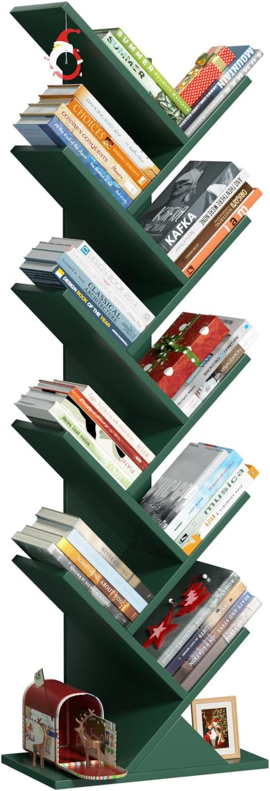 10 Tier Tree Book Shelf, Floor Standing Wood Bookshelf for Narrow Space, Storage Organizer Bookshelves for Books/CDs/Magazine, Bookcase with Shelves for Home Office, Living Room