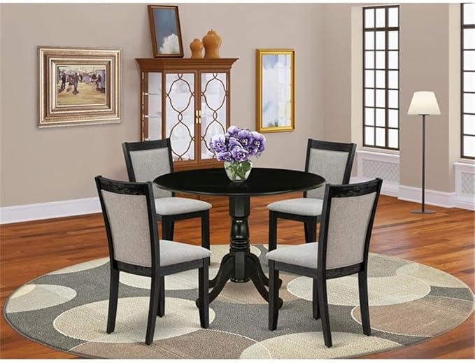 East West Furniture DLMZ5-AB6-06 5 Piece Dinette Set for 4 Includes a Round Dining Room Table with Dropleaf and 4 Shitake Linen Fabric Parsons Dining Chairs, 42x42 Inch, Wirebrushed Black