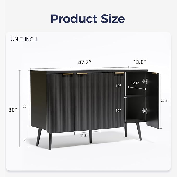47.2" Buffet Cabinet with 4 Doors, Accent Sideboard Cabinet with Adjustable Shelf, Dining Room Sideboard with Waveform Panel, Credenzas for Living Room, Hallway, Black