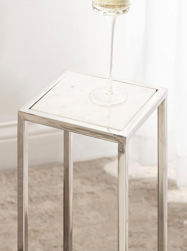 Kate and Laurel Jaspur Modern Glam Drink Table, 7 x 7 x 21, White and Silver, Decorative Metal and Marble Accent Martini Cocktail Table for Display and Storage