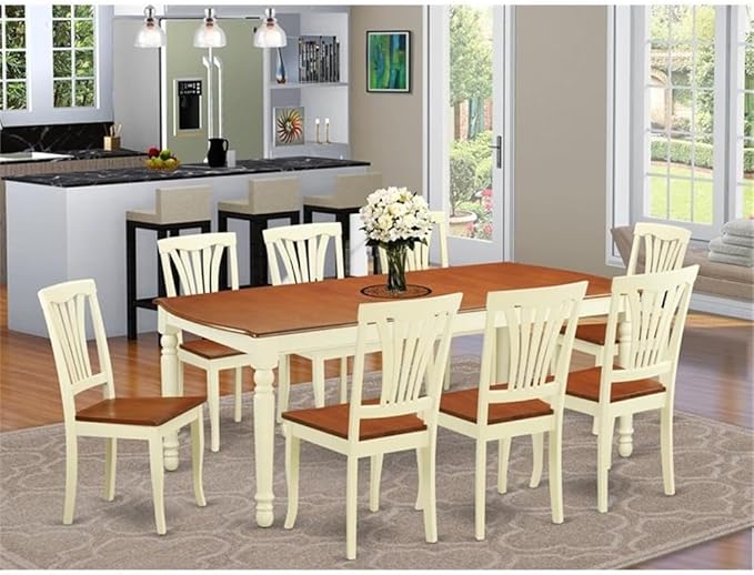 East West Furniture DOAV9-WHI-W 9 Piece Dining Table Set Includes a Rectangle Dining Room Table with Butterfly Leaf and 8 Wooden Seat Chairs, 42x78 Inch, Buttermilk & Cherry