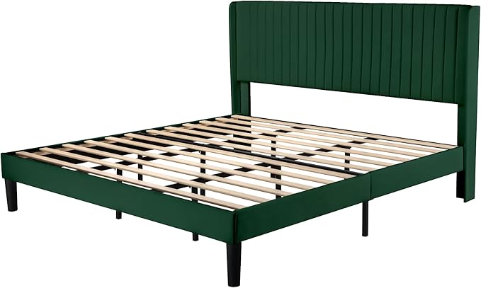 Allewie King Size Bed Frame/Velvet Upholstered Platform Bed/Vertical Channel Tufted Wingback Headboard/Strong Wooden Slats/No Box Spring Needed/Easy Assembly/Green