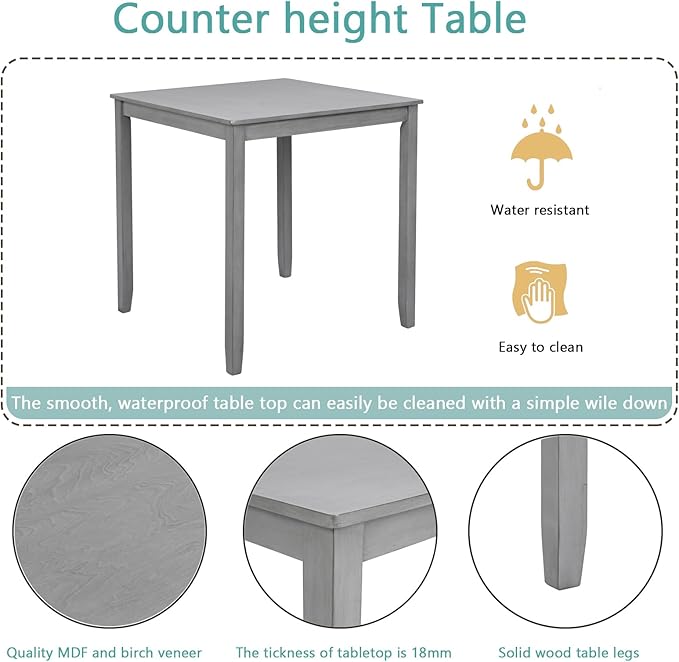 KEIKI 5-Piece Counter Height Dining Table Set with Square Table and 4 Upholstered Ladder Backrset Chair, for 4 Person, Modern Style Wooden Table Set, Easy Assembly, for Kitchen, Dining Room, Gray