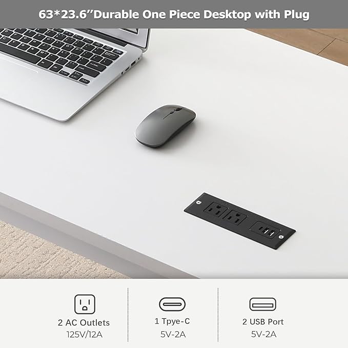 Large Computer Desk - 63 Inch Home Office Desks Study Student Writing Table Gaming Desk Wood Modern Simple Table with USB Ports, White