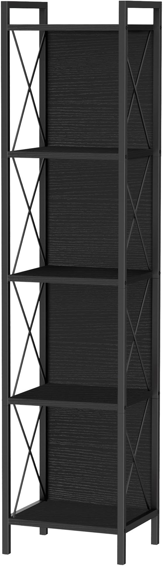 Homhedy 5 Tier Bookshelf Bookcase, Tall Narrow Bookshelf for Small Space, Metal Storage Shelves with Back Panel, for Home Office, Living Room, Kitchen, Bedroom, Industrial Style, Black