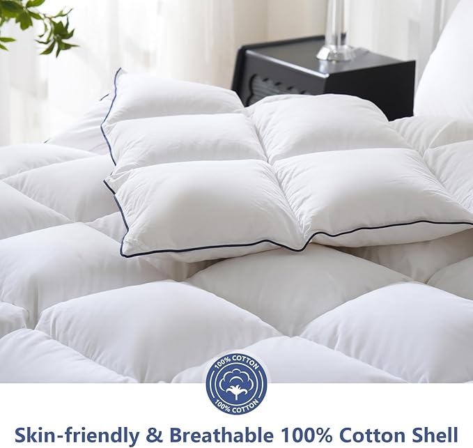 DOWNCOOL Feather Comforter Oversized Queen, 100% Cotton White Duvet Insert, All Season Ultra Soft Hotel Collection Bedding Comforters with Corner Tabs, Oversized Queen Size 98 x 98 Inch