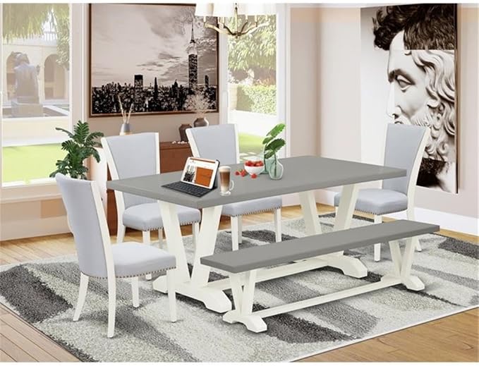 East West Furniture V097VE005-6 6 Piece Kitchen Table Set Contains a Rectangle Dining Table with V-Legs and 4 Grey Linen Fabric Upholstered Chairs with a Bench, 40x72 Inch, Multi-Color