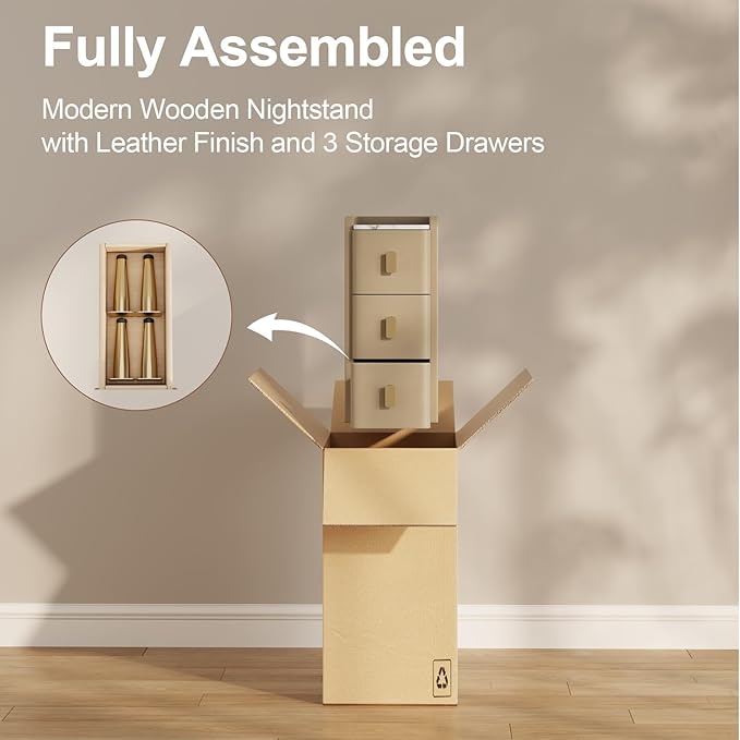 Narrow Nightstand with Drawers, Narrow Side Table Leather, Small Bedside Tables for Bedroom. (Beige)