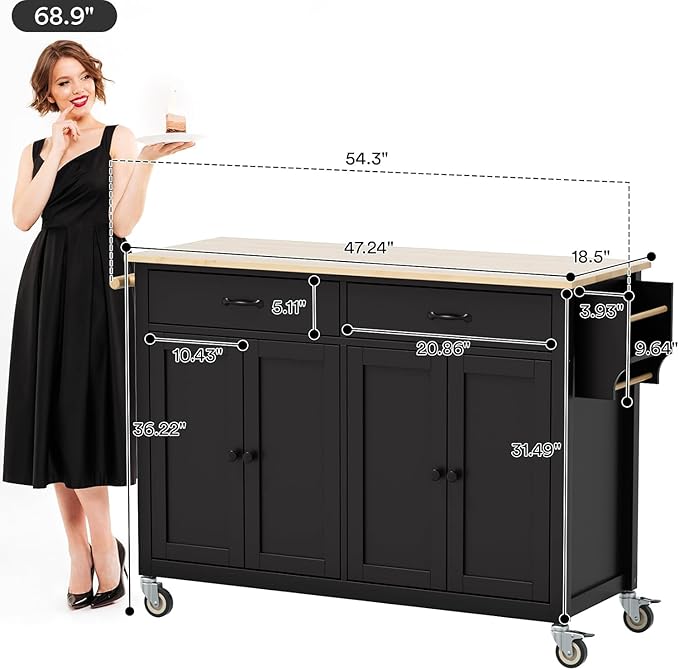 Rovibek Large Wood Island Table with Storage, 54 in Width, Portable Moveable Kitchen Island on Wheels, Black with Drawers Cabinet Spice Rack Towel Rack