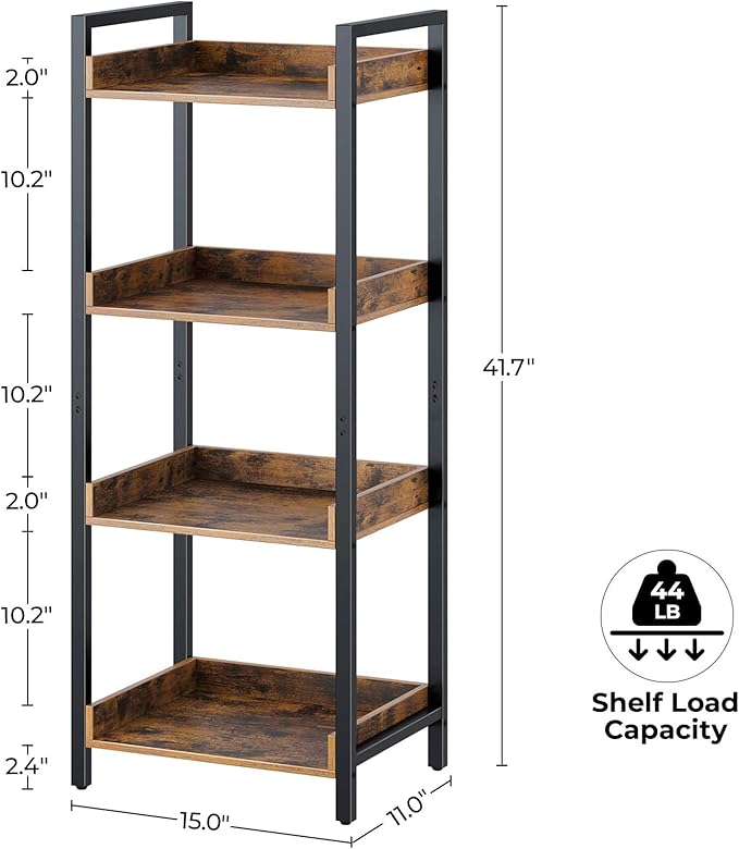 Rolanstar Bookshelf, 4-Tier Storage Rack, Narrow Corner Bookshelf, Display Wooden Shelves for Living Room, Bathroom, Balcony, Kitchen,Rustic Brown