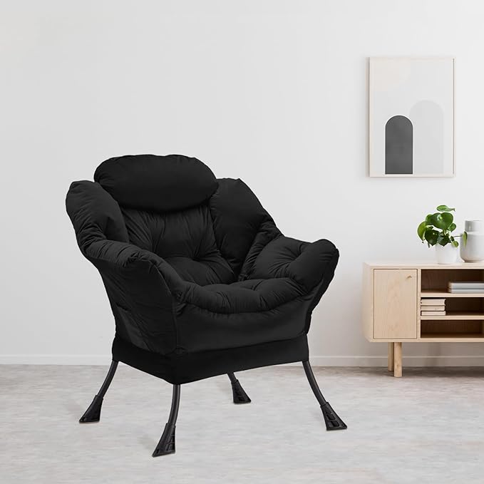 Lazy Chair Thick Padded, Comfy Velvet Accent Lounge Chair with Stable Frame, Leisure Sofa Armchair with Armrests and Side Pocket, Reading Chair for Bedroom, Living Room, Office, Black
