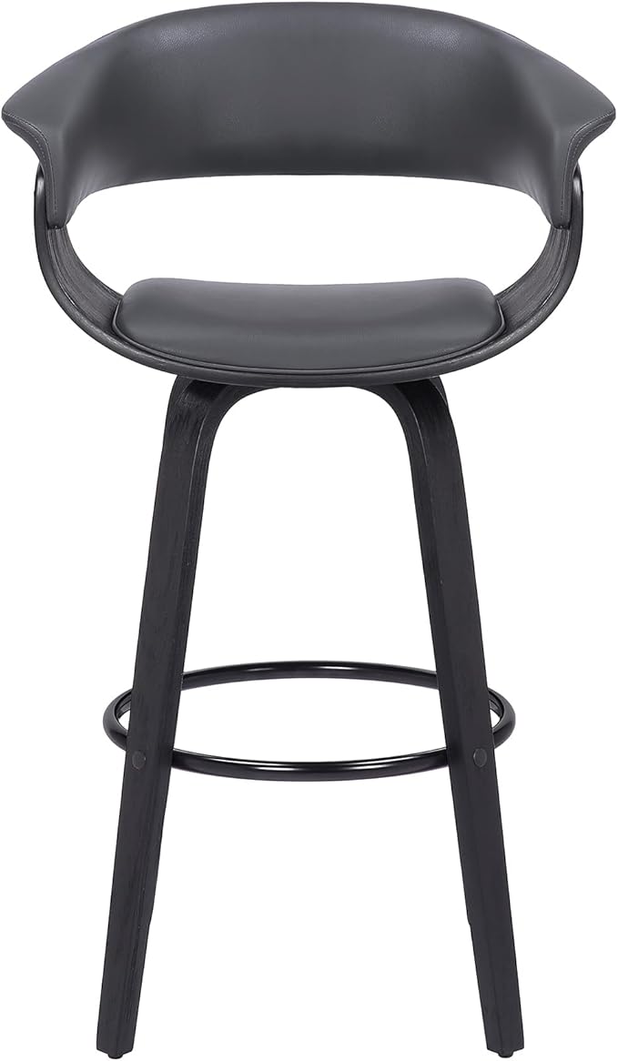 Armen Living Julyssa Mid Century Modern Swivel Bar Stool for Kitchen Island Counter in Gray Faux Leather and Black Wood, 26" Seat Height