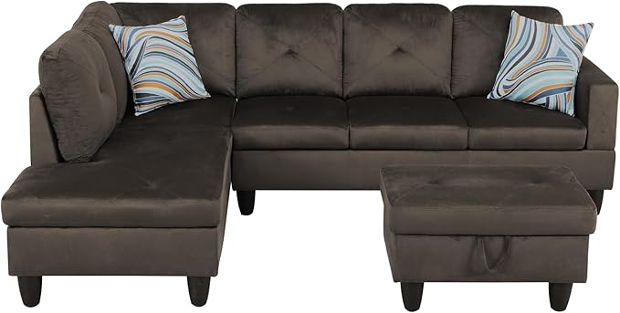 Grey L-Shaped 3-Piece Flannel Sofa with Storage Ottoman Set, Sectional Couch Sofa Set for Living Room, Office, Small Space