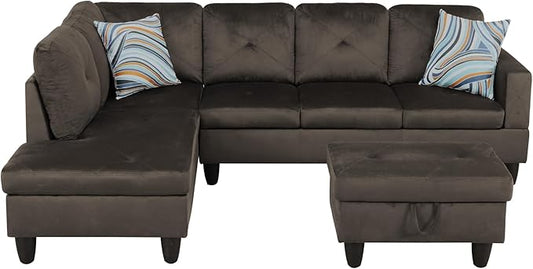 Grey L-Shaped 3-Piece Flannel Sofa with Storage Ottoman Set, Sectional Couch Sofa Set for Living Room, Office, Small Space
