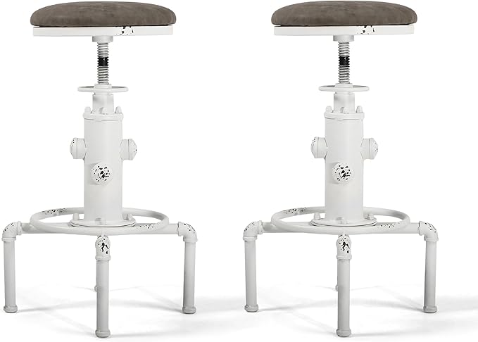 Topower Antique Vintage Industrial Barstool PU Leather Water Pipe Fire Hydrant Design Cafe Coffee Industrial Bar Stool Set of 2 Antique White