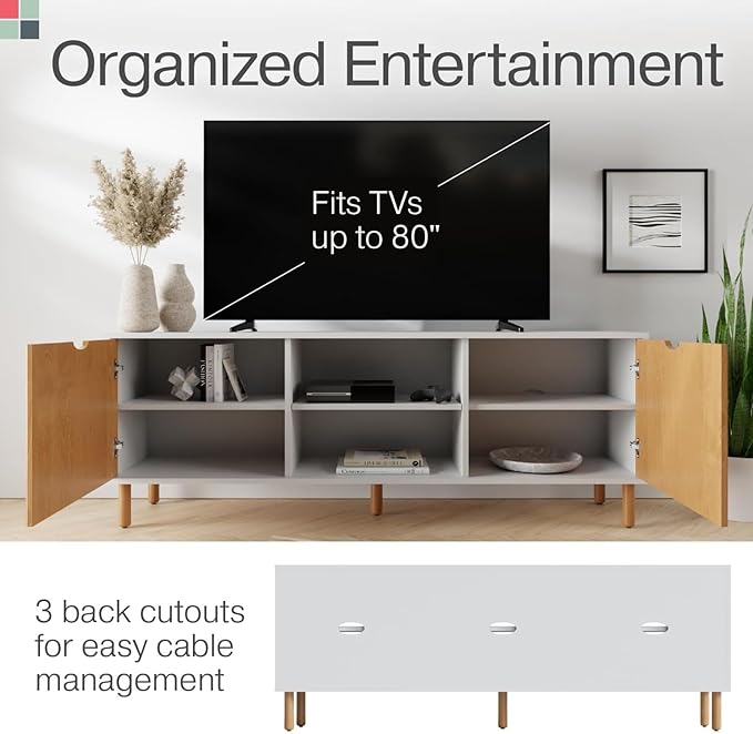 Fluted TV Stand & Entertainment Center - 70-Inch White & Oak - Supports 32-80-Inch TVs - Soft-Close Doors & Adjustable Shelves - Cord Management Media Console