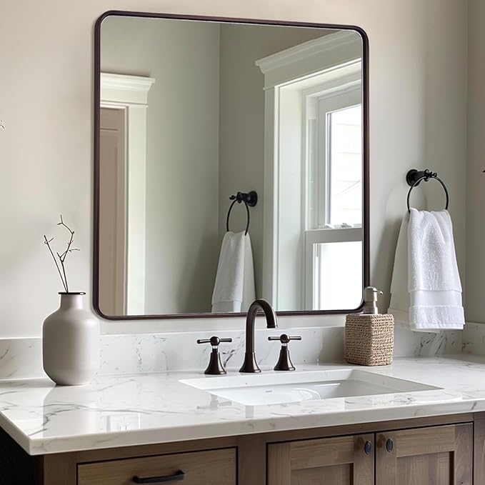 ANDY STAR 36x36 Inch Bronze Bathroom Mirror, Rounded Square Oil Rubbed Bronze Mirrors for Bathroom,Tube Metal Framed, 1’’ Deep Wall Mounted Vertically/Horizontal