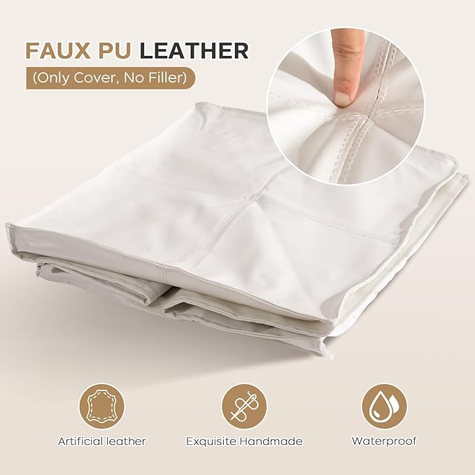 Unstuffed Pouf Ottoman Cover (Only Cover No Filler), 17.7x17.7 inch Faux Leather Moroccan Poofy Ottomans Cover, footrest Square White Footstool with Storage Waterproof Easy Cleaning for Living Room