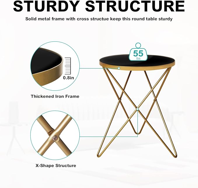 HLR Modern Round Side Table, End Table with Marble Effect Top and Gold Metal Frame, Small Side Table for Living Room, Bedroom, Sofa and Couch, Gold Legs, Black Glass top