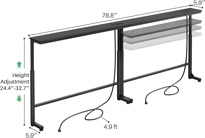 Kitstorack 2-Pack Black Narrow Console Table Behind Couch, Adjustable Height (25"-33") & 2 Power Outlets, Skinny Entryway Sofa Table 5.9" Deep x 79" Long, Split Design for Separate Use